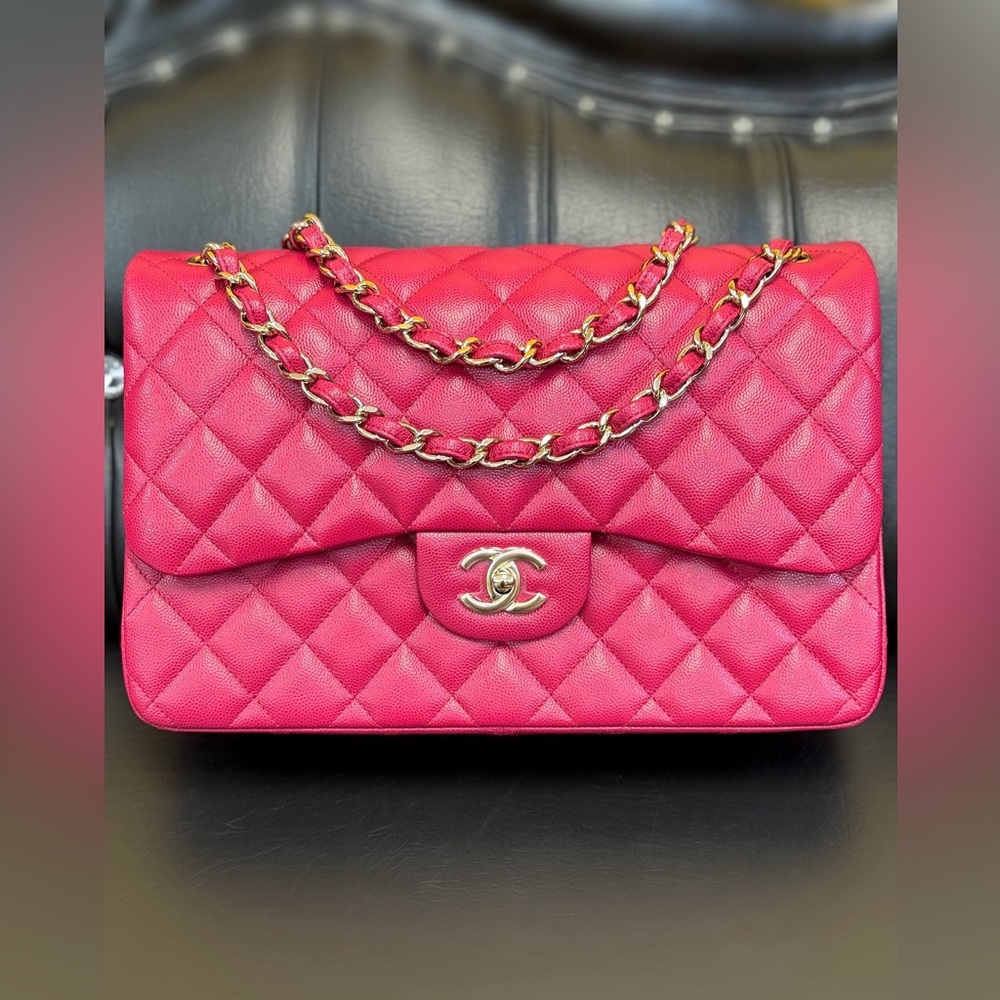 New Rare CHANEL Fuchsia Pink
Large Classic Flap Bag Handbag Grained Calfskin